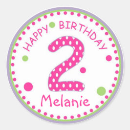 Adesivo Redondo Feliz Aniversário de Bolinhas Rosa Quente Número 2