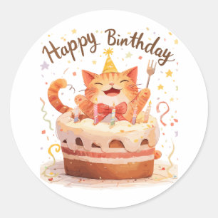 Adesivo Redondo Feliz Aniversário de Gato Gato