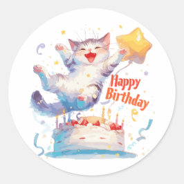 Adesivo Redondo Feliz Aniversário de Gato Gato