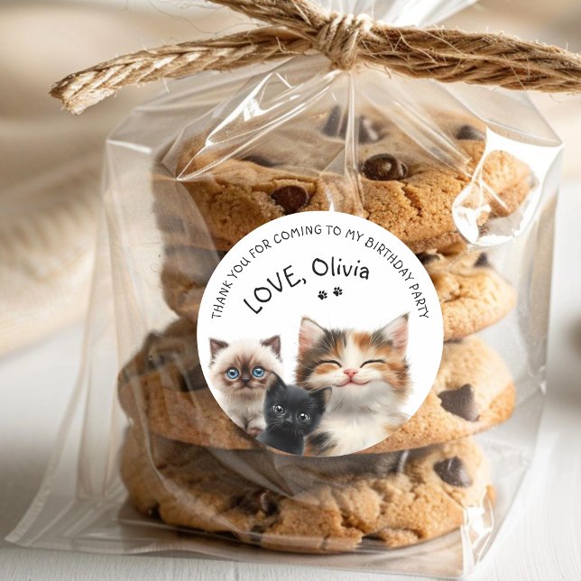 Adesivo Redondo Feliz Aniversário De Gato Obrigado Vinheta (Cute Cat Birthday Thank You Sticker)