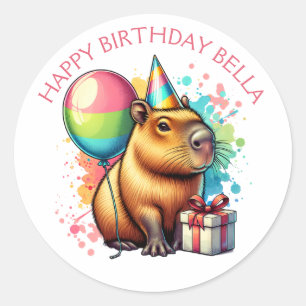 Adesivo Redondo  Feliz Aniversário de Menina com Tema de Capivara 
