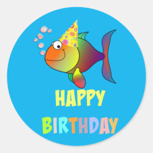 Adesivo Redondo Feliz Aniversário, Design de Peixes Bonitos e Colo