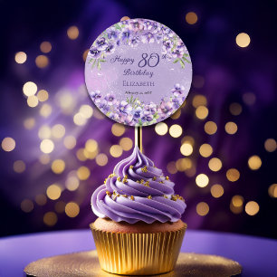 Adesivo Redondo Feliz Aniversário do 80 Floral Feliz Violetas Roxa