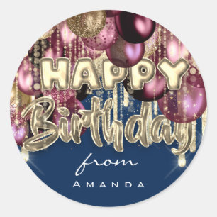 Adesivo Redondo Feliz Aniversário Do Azul Balões DOURADOS Burgun