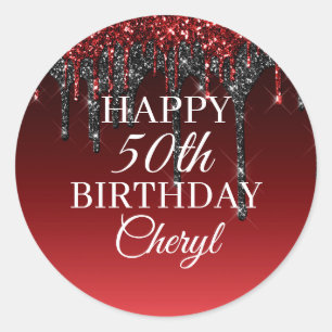 Adesivo Redondo Feliz aniversário do Burgundy Black Glitter Drithd