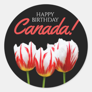 Adesivo Redondo Feliz Aniversário do Canadá Mapeando Tulipas Folho