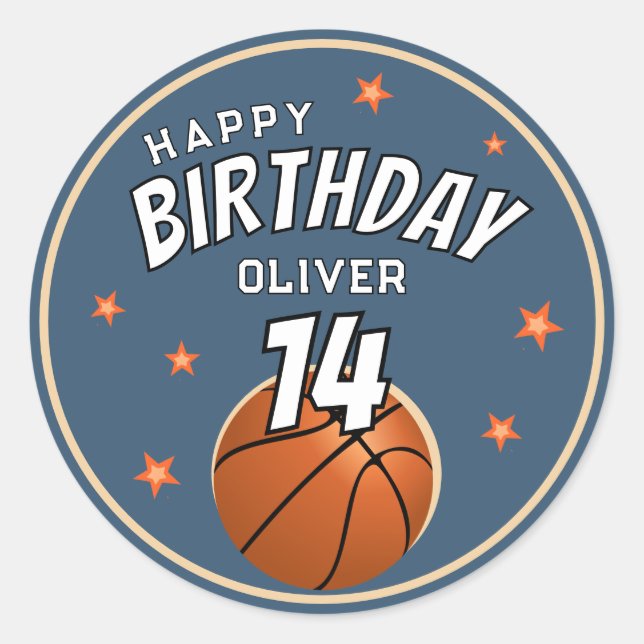 Adesivo Redondo Feliz Aniversário do Esporte de Bola de Basquete (Frente)
