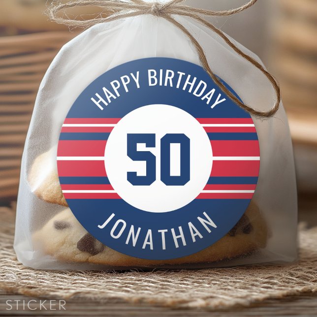 Adesivo Redondo Feliz Aniversário do Esporte Jersey Stripes Nome e (Custom Sticker for Party Favors and Envelopes)