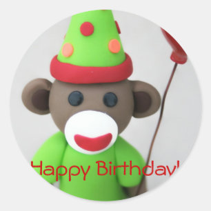 Adesivo Redondo Feliz aniversario do macaco da peúga com balão