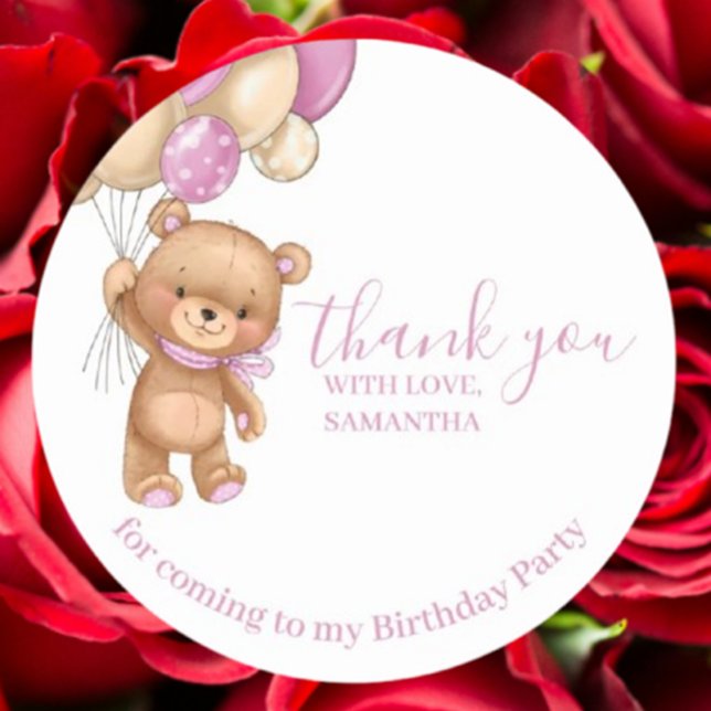 Adesivo Redondo Feliz Aniversário do Teddy Bear PINK Balões Obriga (Celebrate special moments with our Teddy Bear PINK Balloons Happy Birthday Thank You stickers.)