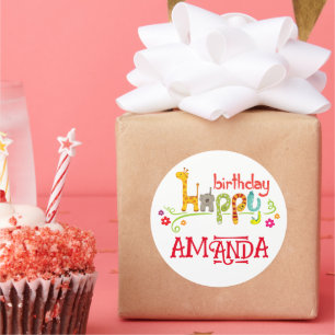 Adesivo Redondo Feliz Aniversário dos Carateres de Animais Colorid