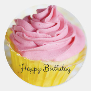 Adesivo Redondo Feliz aniversario dos cupcakes cor-de-rosa