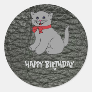 Adesivo Redondo Feliz Aniversário Efeito Couro Preto