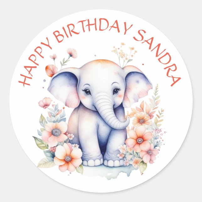 Adesivo Redondo Feliz Aniversário Elefante Personalizado (Frente)