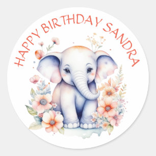 Adesivo Redondo Feliz Aniversário Elefante Personalizado