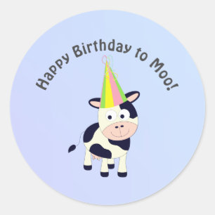 Adesivo Redondo Feliz Aniversário Engraçado da Vaca Festa Moo