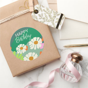 Adesivo Redondo Feliz Aniversário Enquanto Verão Flor Artístico