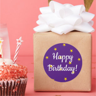Adesivo Redondo Feliz Aniversário Estrelas Amarelas Roxas Simples