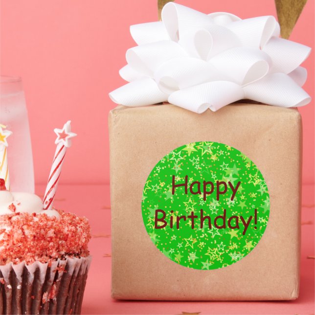 Adesivo Redondo Feliz aniversário estrelas verdes amarelas abstrat (Festa)