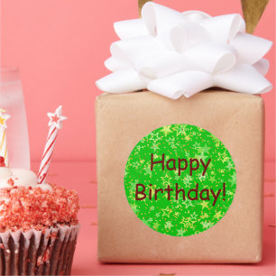 Adesivo Redondo Feliz aniversário estrelas verdes amarelas abstrat