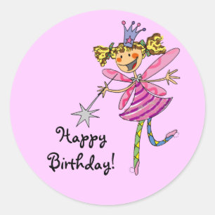Adesivo Redondo Feliz aniversário! (fada rosa)
