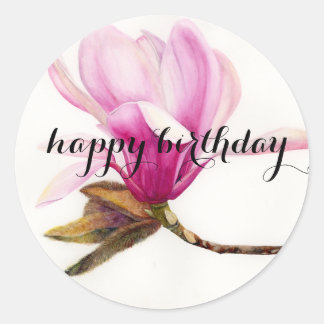 Adesivo Redondo Feliz Aniversário: Flor de Magnólia
