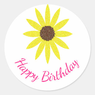Adesivo Redondo Feliz Aniversário Floral Girassol Flor Amarelo Ama