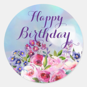 Adesivo Redondo Feliz Aniversário Flores Aquáticas Palhetas Redo
