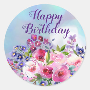 Adesivo Redondo Feliz Aniversário Flores Aquáticas Palhetas Redo