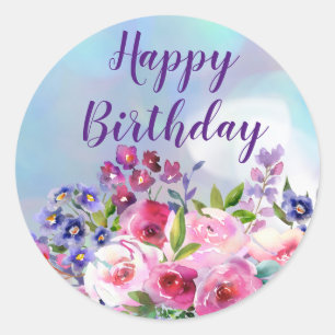 Adesivo Redondo Feliz Aniversário Flores Aquáticas Palhetas Redo