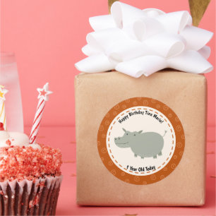 Adesivo Redondo Feliz Aniversário Fofo HIppo Hippopotamus Zoo