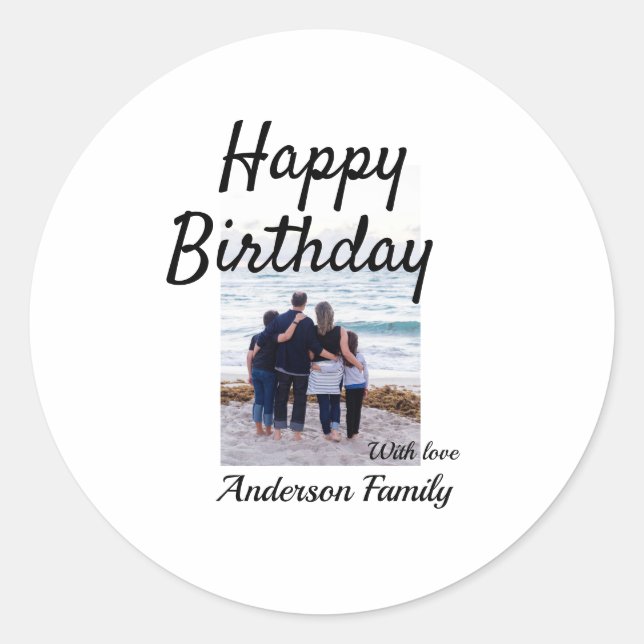 Adesivo Redondo Feliz aniversário foto familia nome elegante class (Frente)