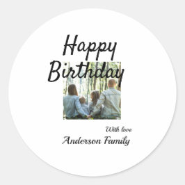 Adesivo Redondo Feliz aniversário foto familia nome elegante class
