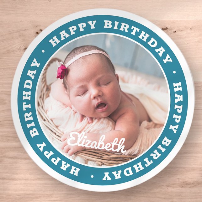 Adesivo Redondo Feliz Aniversário Foto Moderna Simples (Criador carregado)