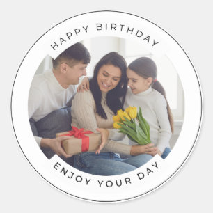 Adesivo Redondo Feliz aniversário   Foto Personalizada Simples Clá