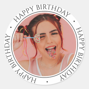 Adesivo Redondo Feliz Aniversário Foto Personalizada Simples e Ele