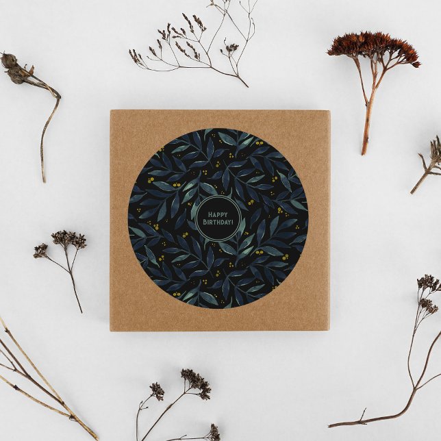 Adesivo Redondo Feliz aniversário, galhos florais elegantes (Criador carregado)