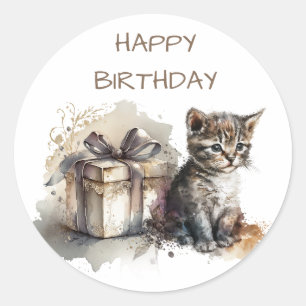 Adesivo Redondo Feliz aniversário Gatinhos e presentes de Cinza