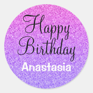 Adesivo Redondo Feliz Aniversário Glamour Ombre Roxo Brilho Faísca