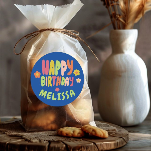 Adesivo Redondo FELIZ ANIVERSÁRIO Groovy Daisies COROSO PERSONALIZ (HAPPY BIRTHDAY Groovy Daisies COLORFUL CUSTOM Classic Round Sticker
)