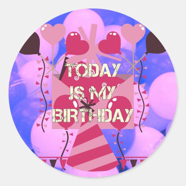 Adesivo Redondo Feliz Aniversário Hoje é o meu Aniversário Balões  (Frente)