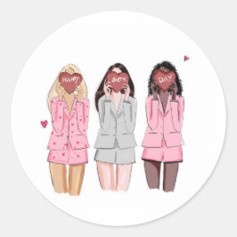 Adesivo Redondo Feliz aniversário ilustra garotas rosa