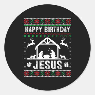 Adesivo Redondo Feliz Aniversário Jesus Feriado Suéter Feio Natal