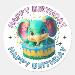 Adesivo Redondo Feliz Aniversário Kawaii Gala Elefante-Bolo