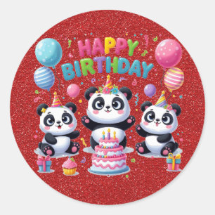 Adesivo Redondo Feliz Aniversário, Meus Três Pandas,