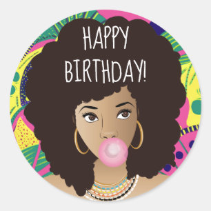 Adesivo Redondo Feliz aniversário! Mulher Negra, Bubblegum, Color