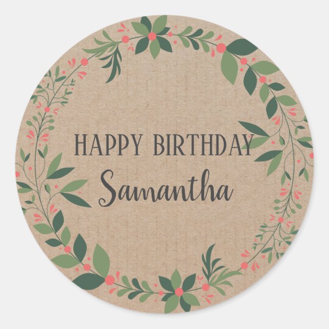 Adesivo Redondo Feliz Aniversário Natal Artesanato Floral Wreath (Frente)