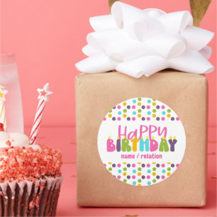 Adesivo Redondo Feliz Aniversário Nome Tipografia de Vela Colorida