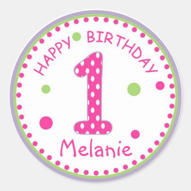 Adesivo Redondo Feliz Aniversário Número 1 da Bolinhas Rosa Quente (Frente)