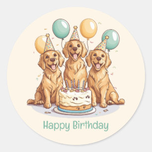 Adesivo Redondo Feliz Aniversário Ouro Cachorros de Retriever